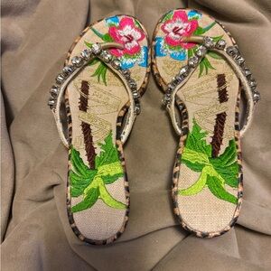 Beverly Feldman Embroidered Rhinestone Floral Sandals